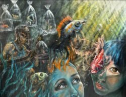 Pensées profondes et poissons mystérieux Peinture acrylique Hauteur : 650 mm - Largeur : 500 mm Tarif : 700 €