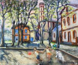 On a tous un banc, un arbre ... Peinture acrylique Hauteur : 650 mm - Largeur : 500 mm Tarif : 700 €